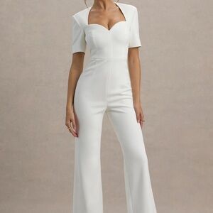 Club L London | Simone | White Elegant Sweatheart Short-Sleeve Wide Leg Jumpsuit